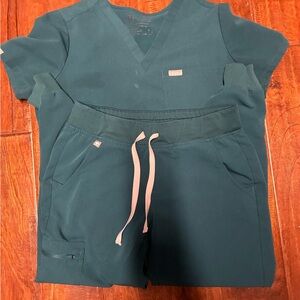 Teal Scrub Set with Pink Drawstrings